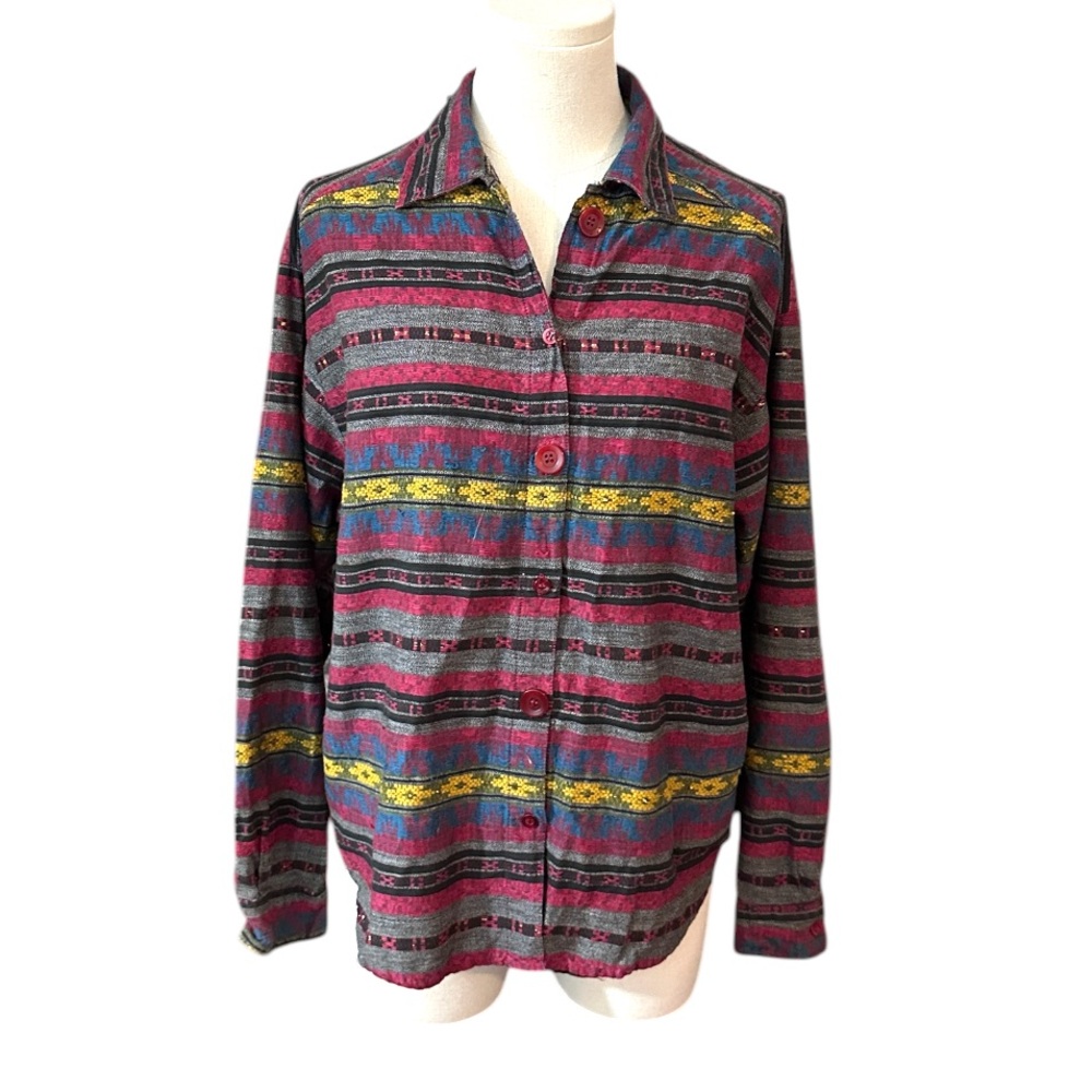 Angelique Striped Button-Up Shirt with Multicolor Aztec Motif womens size M(G51)